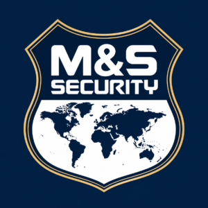 M&S Security – Schildlogo in Marineblau, Weiss und Gold